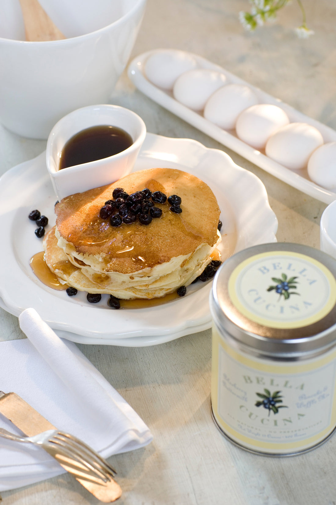 Blueberry Buttermilk Pancakes with Meyer Lemon Cream Syrup - Bella Cucina