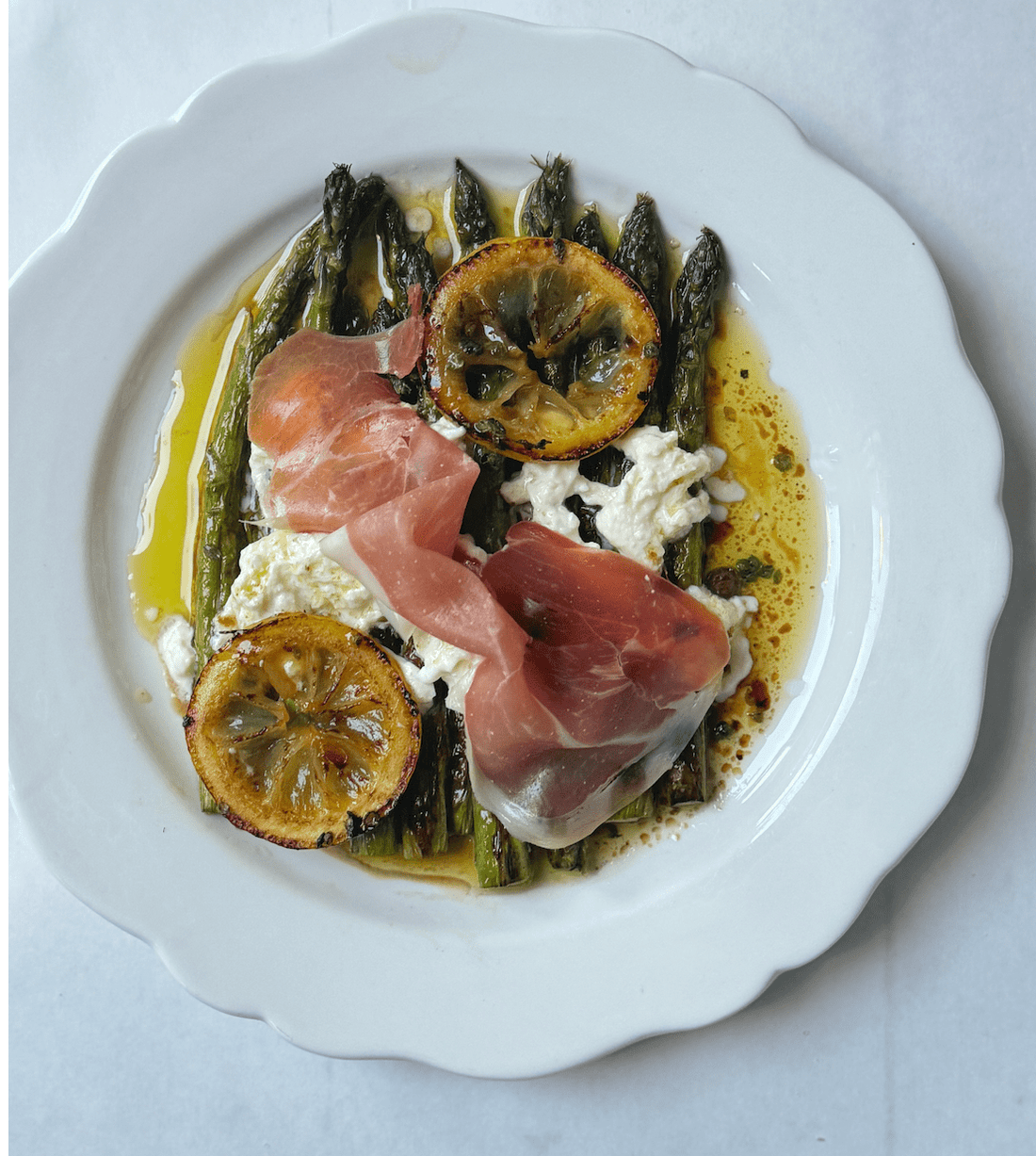Lemony Grilled Asparagus with Straciatella and Prosciutto - Bella Cucina