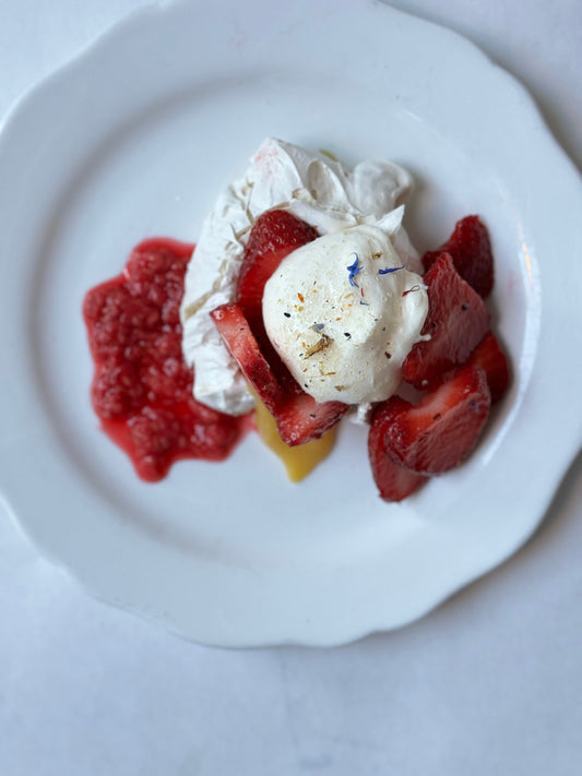 Meyer Lemon Pavlova with Wildflower Scented Strawberries - Bella Cucina