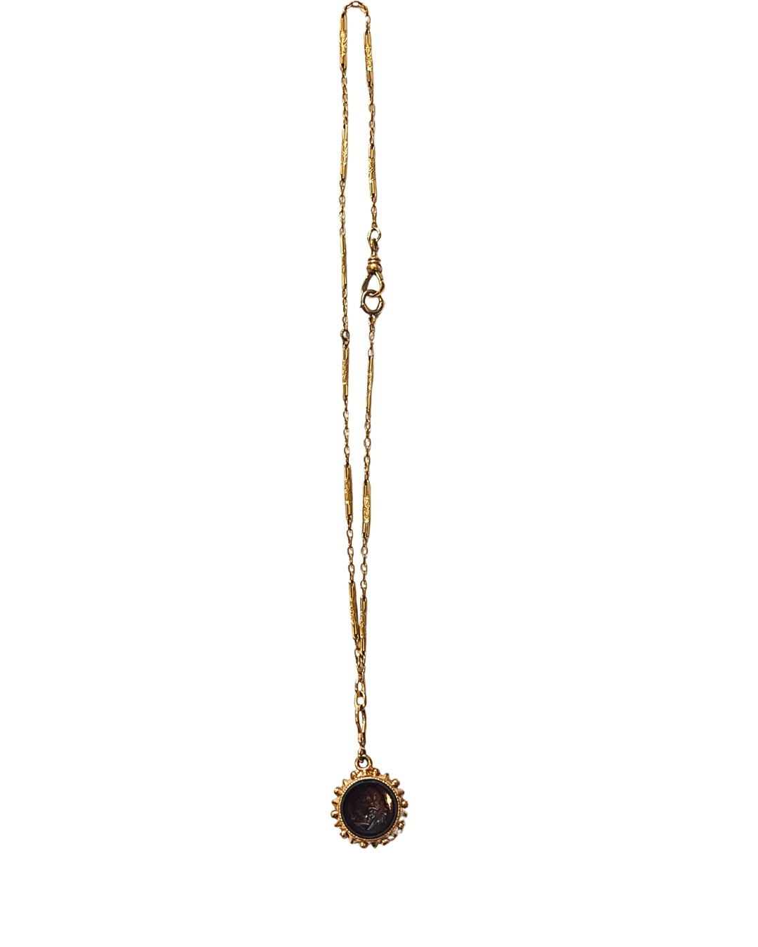 Vintage gold-tone extra-long chain necklace with small dark round pendant, minimalist lariat style, one of a kind, Bella Cucina Buckhead Atlanta