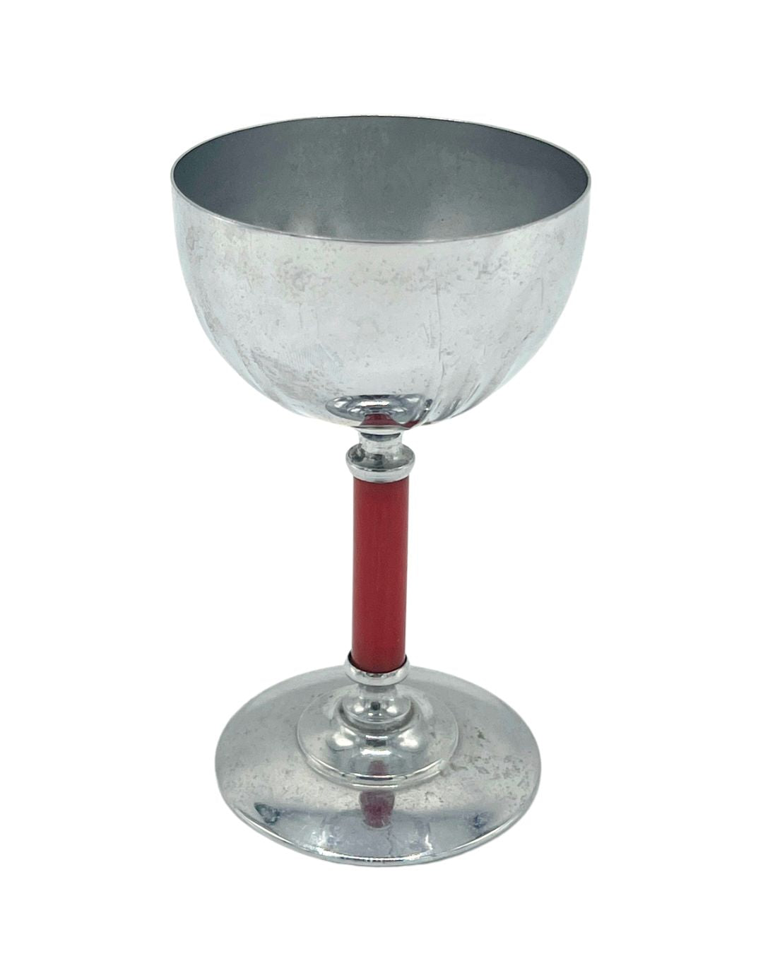 Vintage Art Deco silver-plate coupe glass with red Bakelite stem, etched fan interior detail, Bella Cucina