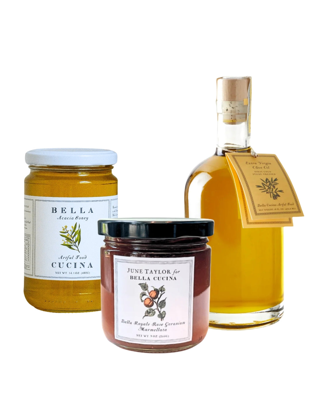 Three Bella Cucina products on a white background: a jar of Mexican honey, a bottle of agave syrup, and a jar of maracuja honey.