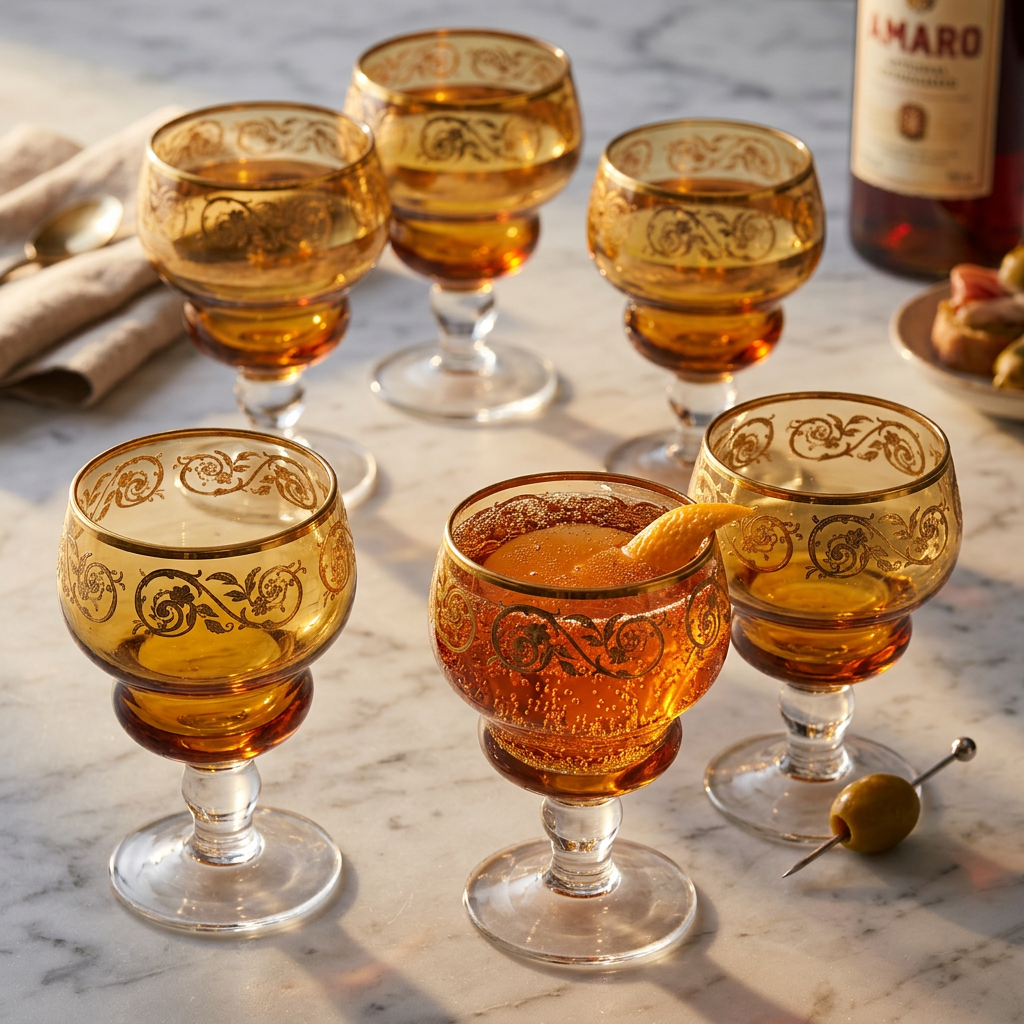 Glassware: Vintage Italian Amber Hand-Blown Aperitivo Glasses | Set of 6