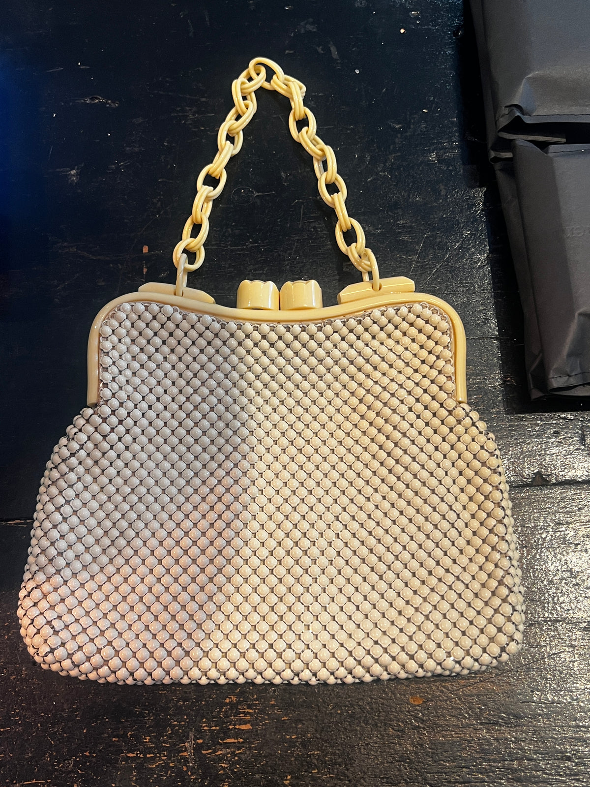 Vintage white bakelite beaded purse