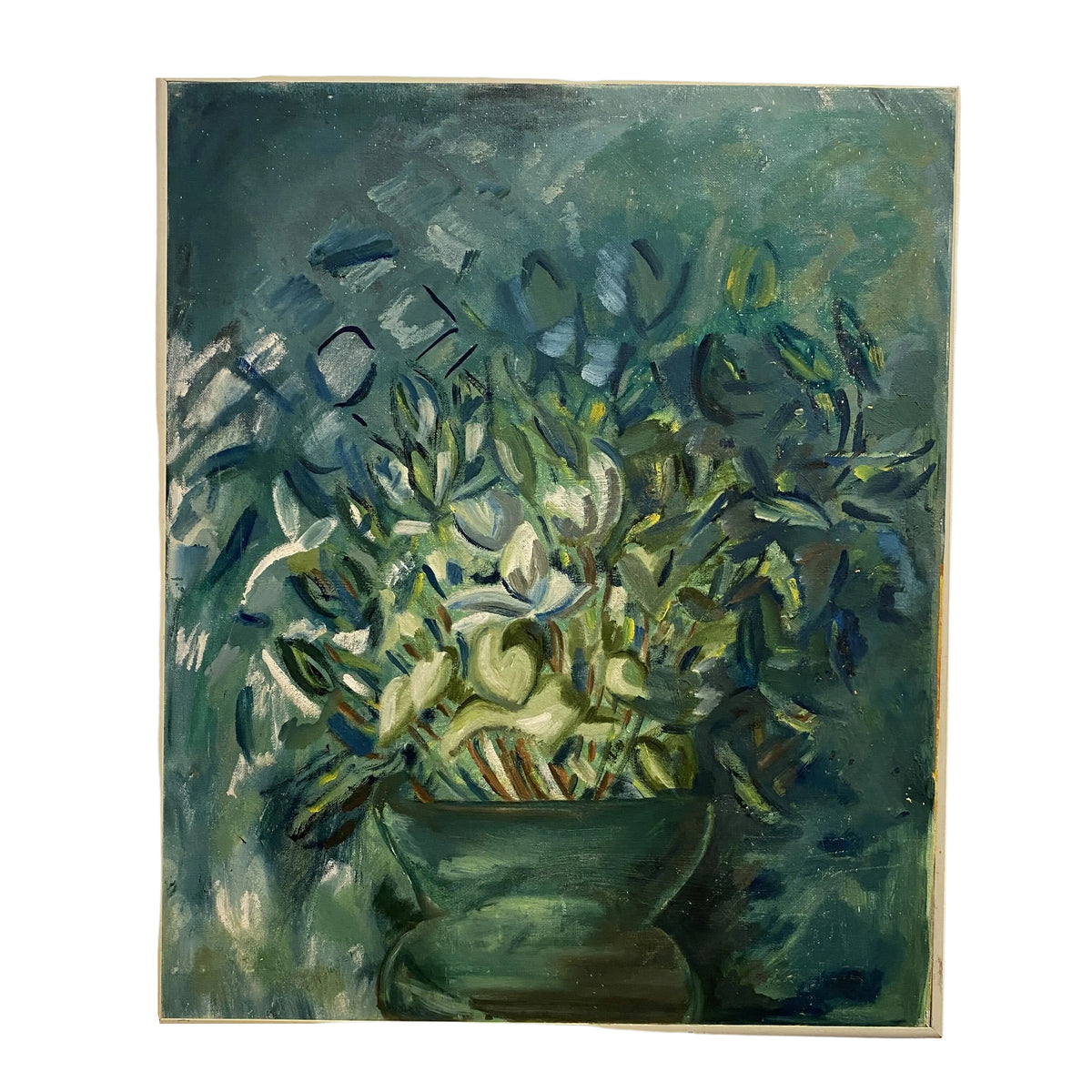 Vintage oil painting of green flowers on canvas at Bella Cucina in Atlanta