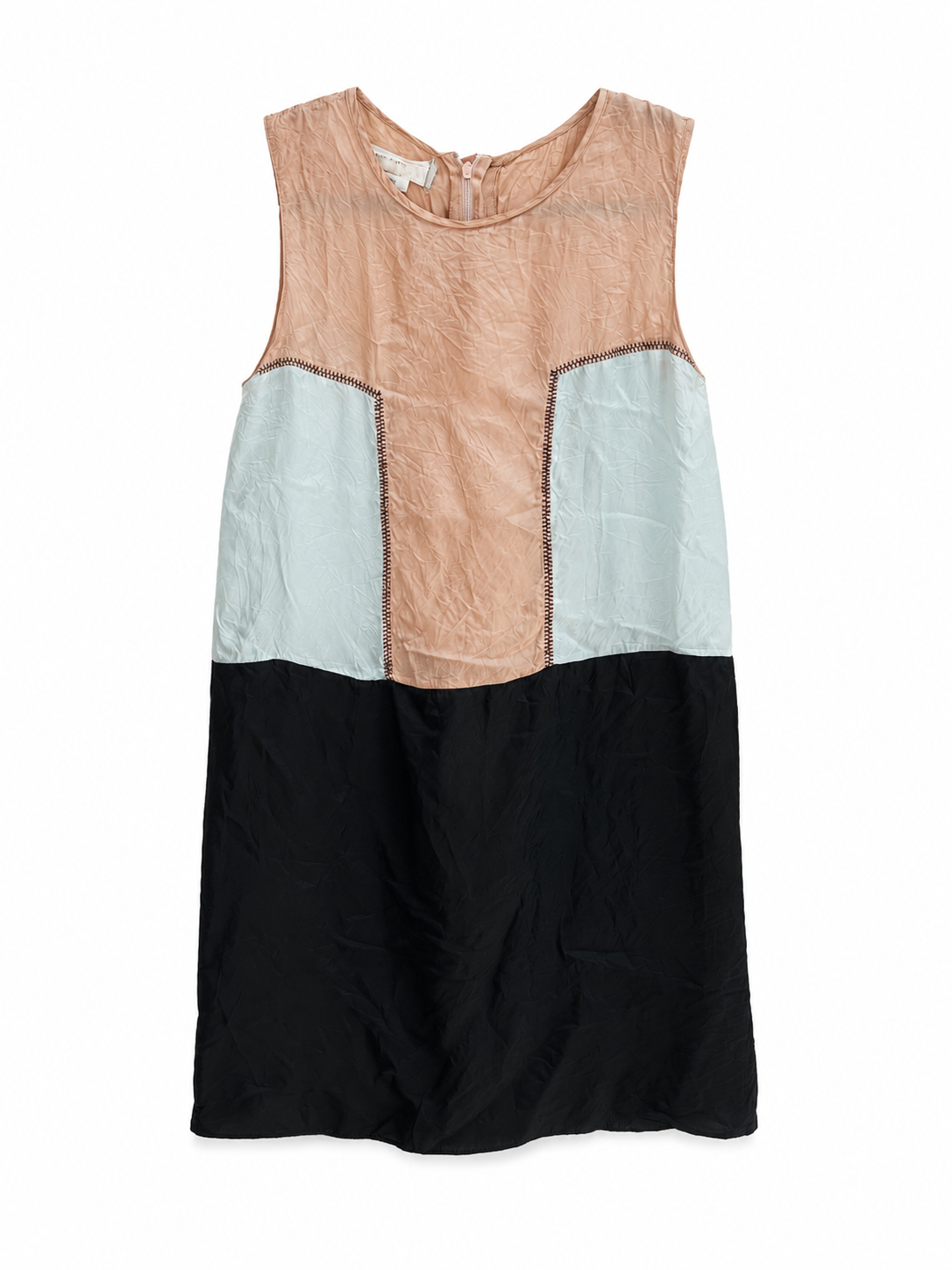 A sleeveless color-block dress made of textured fabric, featuring a peach top section, light blue middle panels, and a black bottom section, shown against a plain white background.