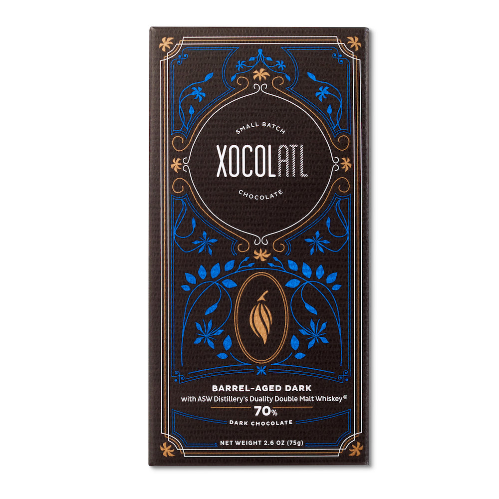 XOCOLATL barrel-aged dark chocolate bar with ASW whiskey at Bella Cucina in Atlanta