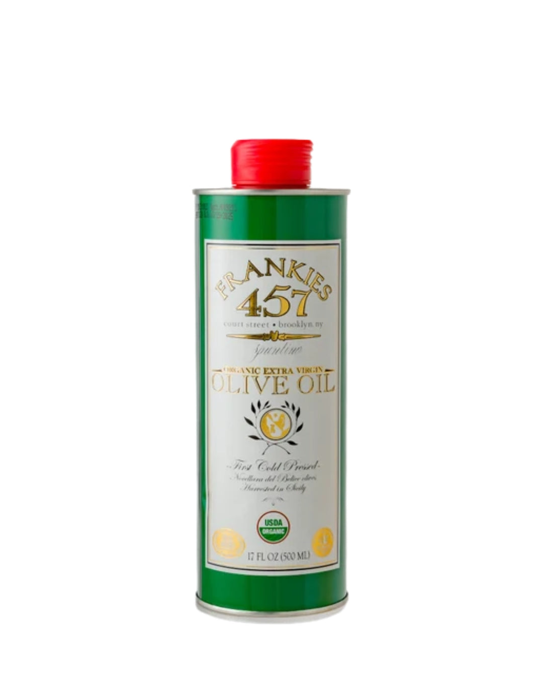 A 6 fl oz metal can of Frankies 451 Organic Extra Virgin Olive Oil, featuring a green body, a white label with gold lettering, and a red screw cap, isolated on a white background.