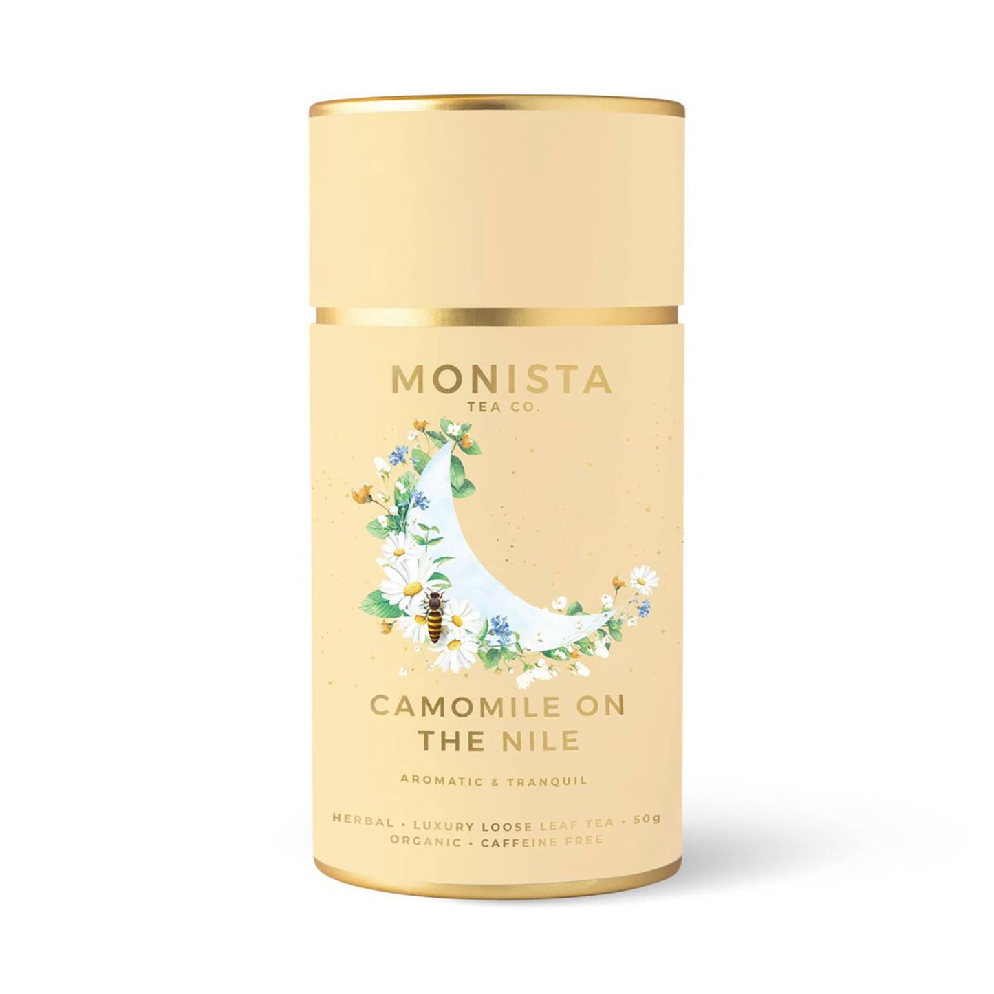 Monista Camomile on the Nile Tea – soothing organic chamomile herbal tea in a pastel yellow and gold canister with delicate floral and honeybee artwork.