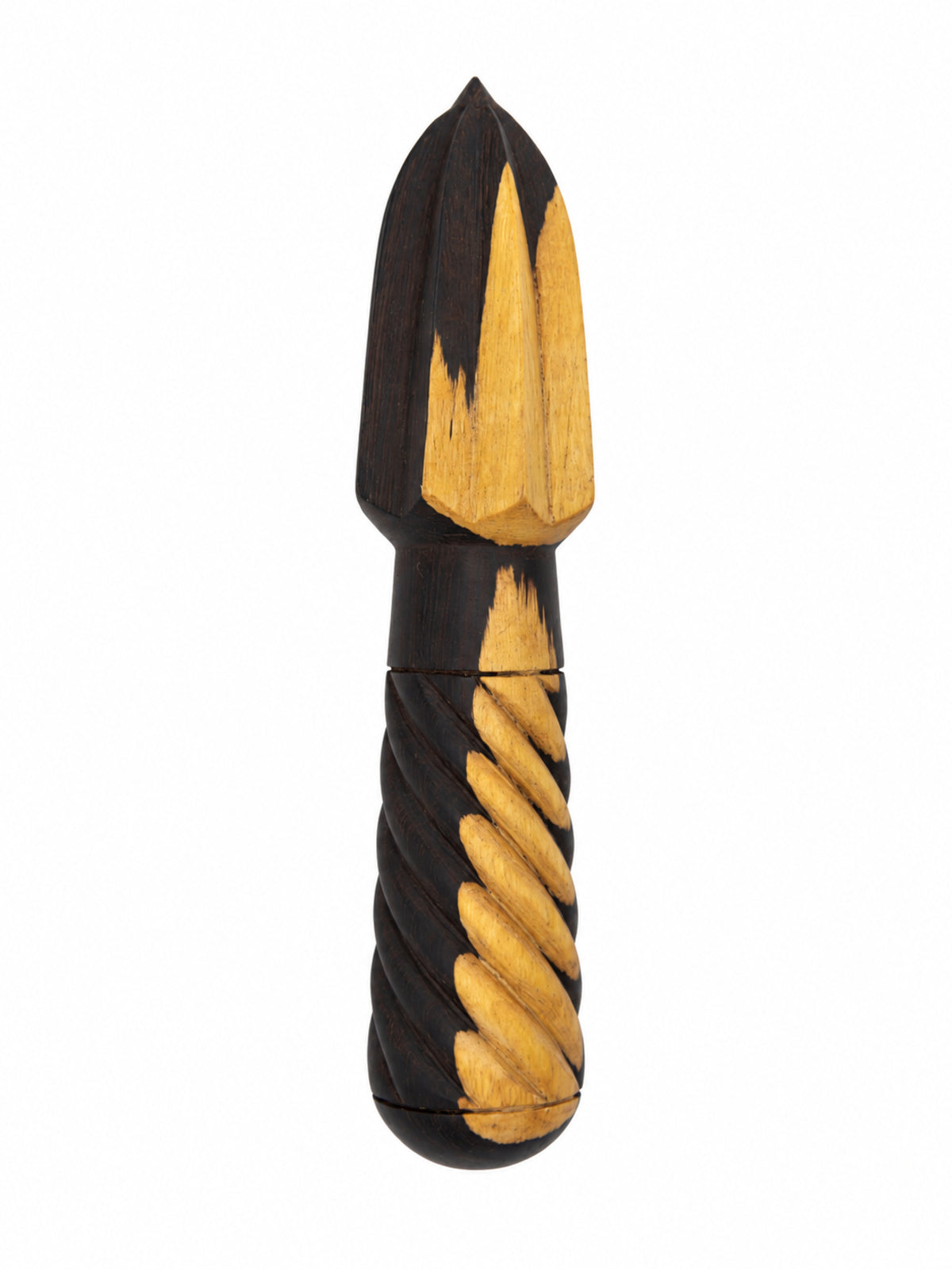 A handcrafted wooden citrus juicer with a dark brown and light tan wood finish, featuring a twisted handle and a pointed cutting head, isolated on a white background.