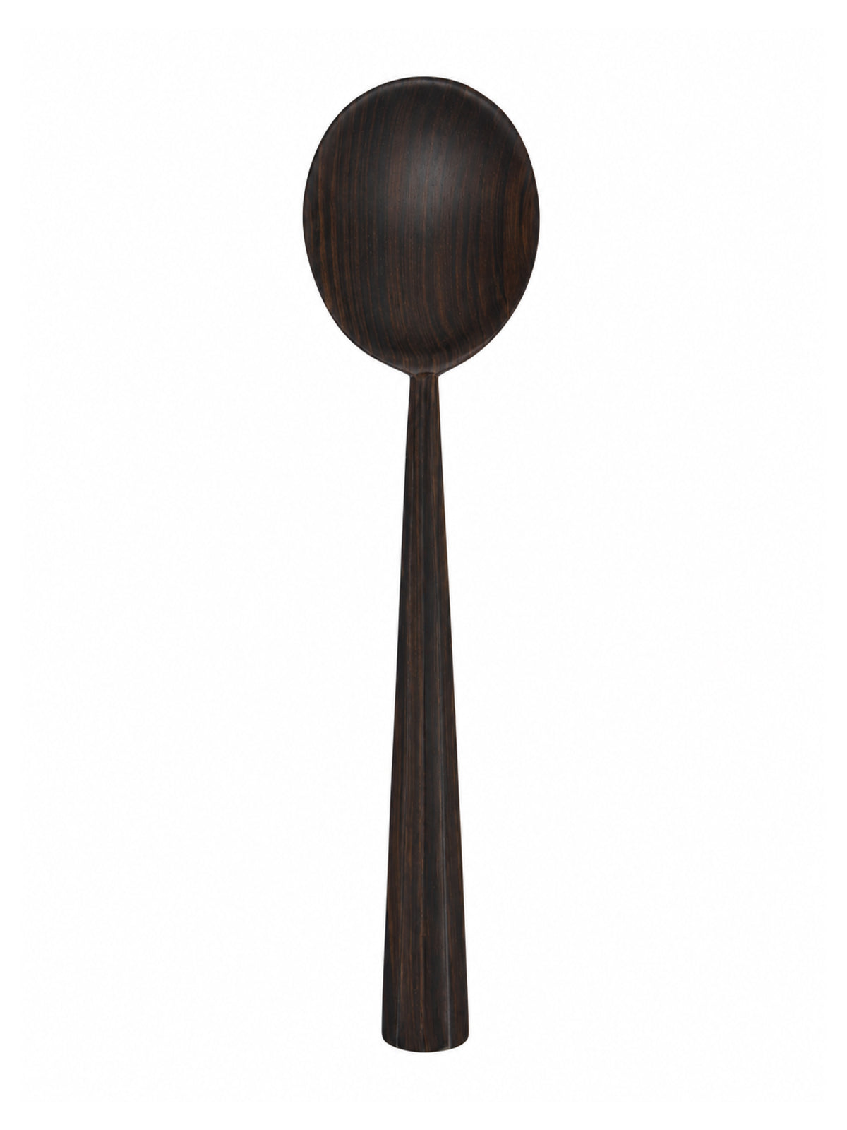 A single dark wood spoon with a long handle and oval bowl, shown vertically against a plain white background.