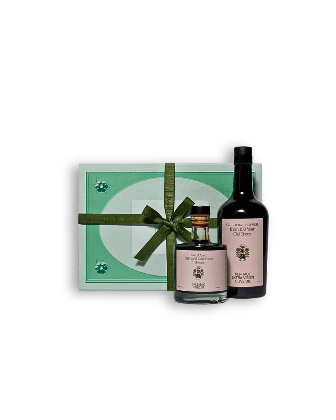 Flamingo Estate Tablemates gift box featuring olive oil, balsamic vinegar, and persimmon vinegar for gourmet meals.