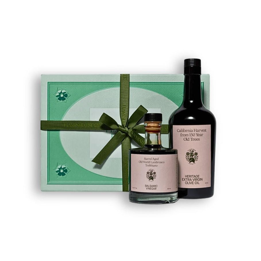 Flamingo Estate Tablemates gift box featuring olive oil, balsamic vinegar, and persimmon vinegar for gourmet meals.