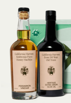 Flamingo Estate Tablemates gift box featuring Persimmon vinegar and Heritage extra virgin olive oil for gourmet meals.