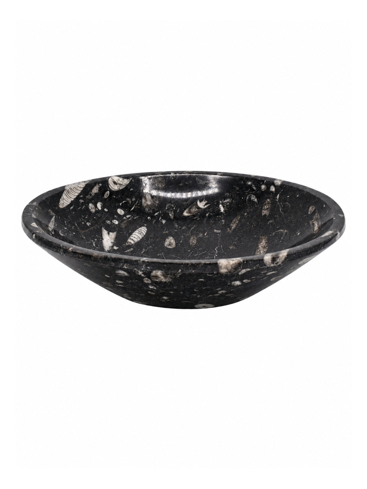 A round black stone vessel sink with white and gray fossil inclusions, shown on a plain white background.