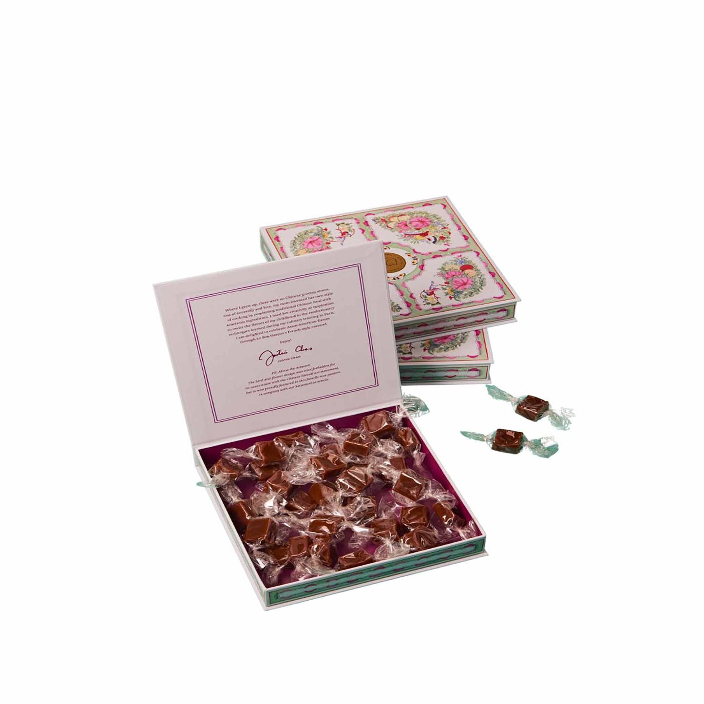 An open box of Le Bon Garçon Honey Lavender Caramels, revealing individually wrapped, handcrafted French caramels with floral and honey notes.
