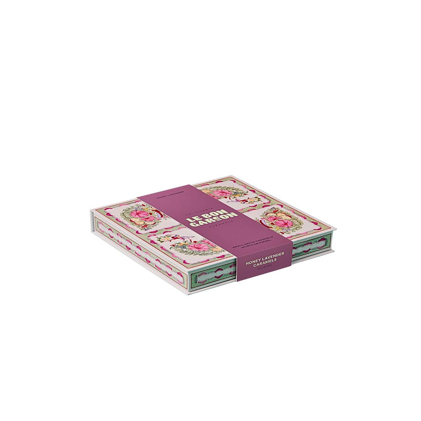 Le Bon Garçon Honey Lavender Caramels. A luxurious box of handcrafted French caramels, blending golden honey and fragrant lavender.