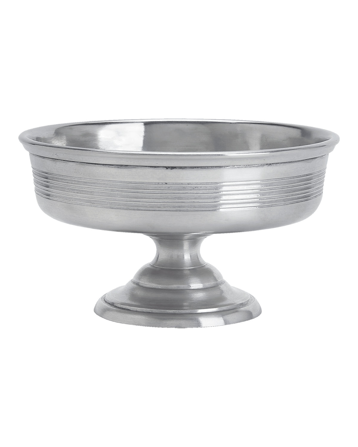 A polished silver pedestal bowl with horizontal grooved detailing on the side, set against a plain white background.