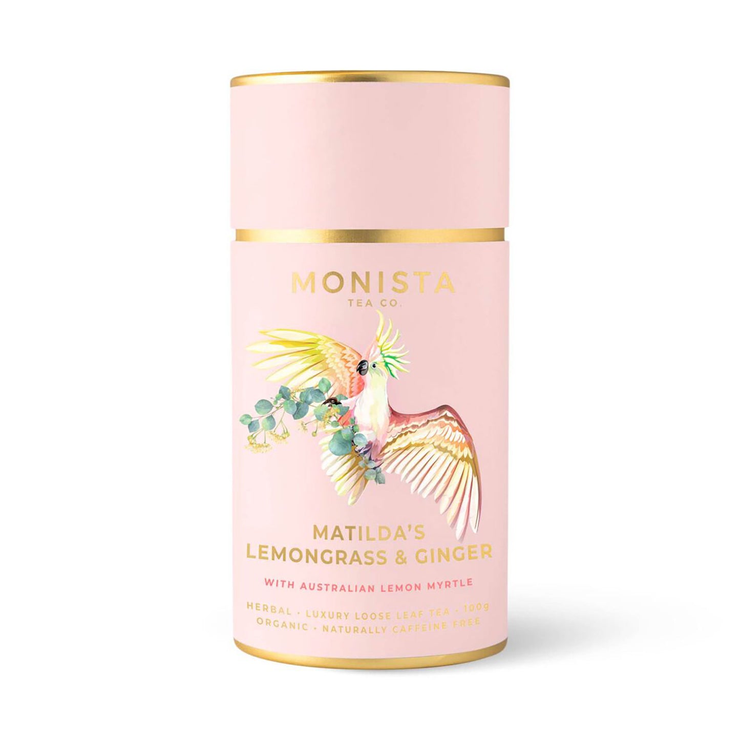 Monista Matilda’s Lemongrass & Ginger Tea – caffeine-free loose leaf blend with lemon myrtle and ginger, packaged in an elegant pink and gold tin featuring a cockatoo illustration.