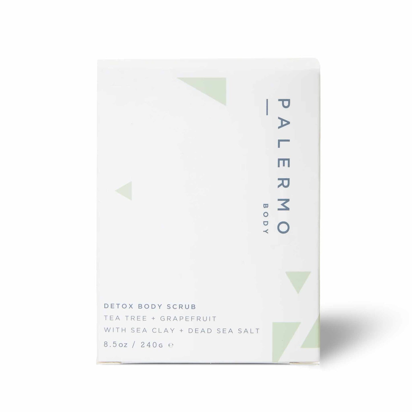 Palermo Body Detox Body Scrub in packaging. A purifying exfoliating scrub with tea tree, grapefruit, sea clay, and dead sea salt to detoxify and refresh skin.