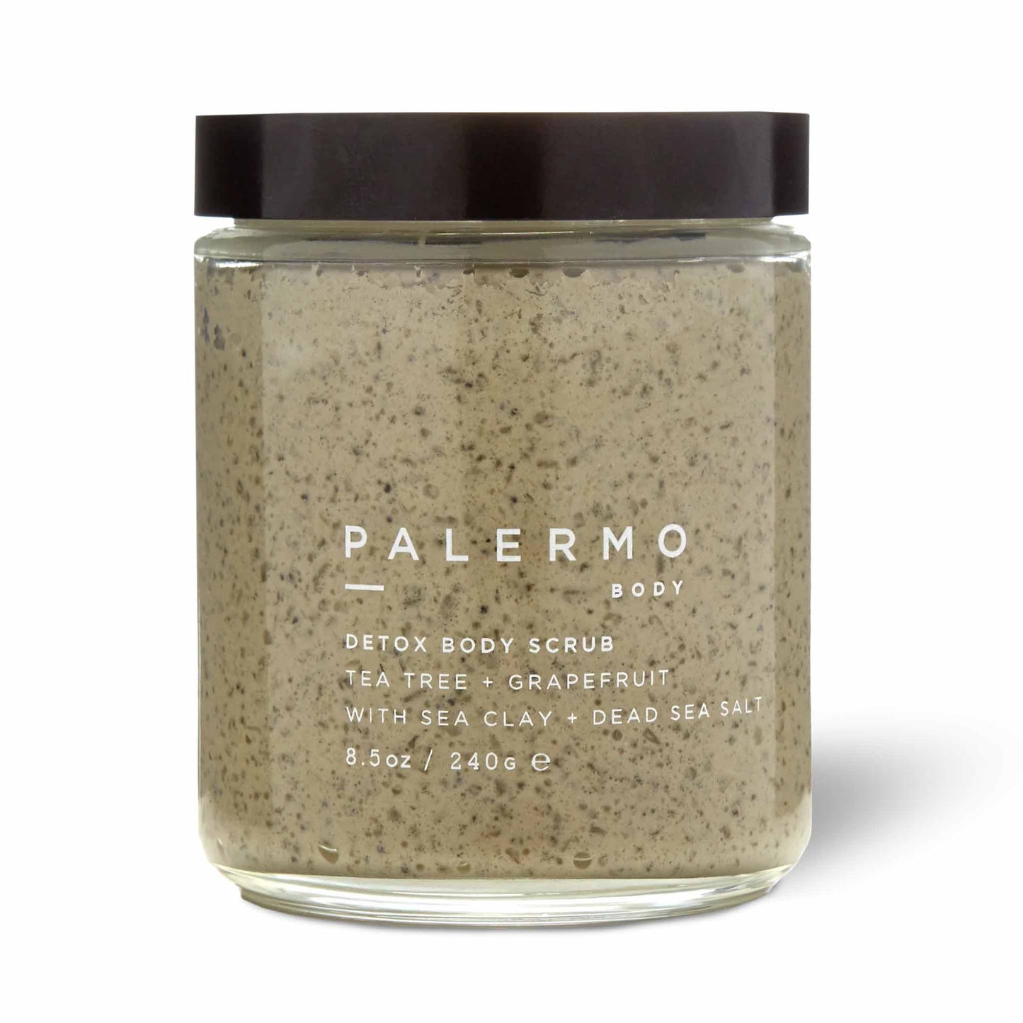 A jar of Palermo Body Detox Body Scrub, infused with tea tree, grapefruit, sea clay, and dead sea salt for deep cleansing and skin renewal.