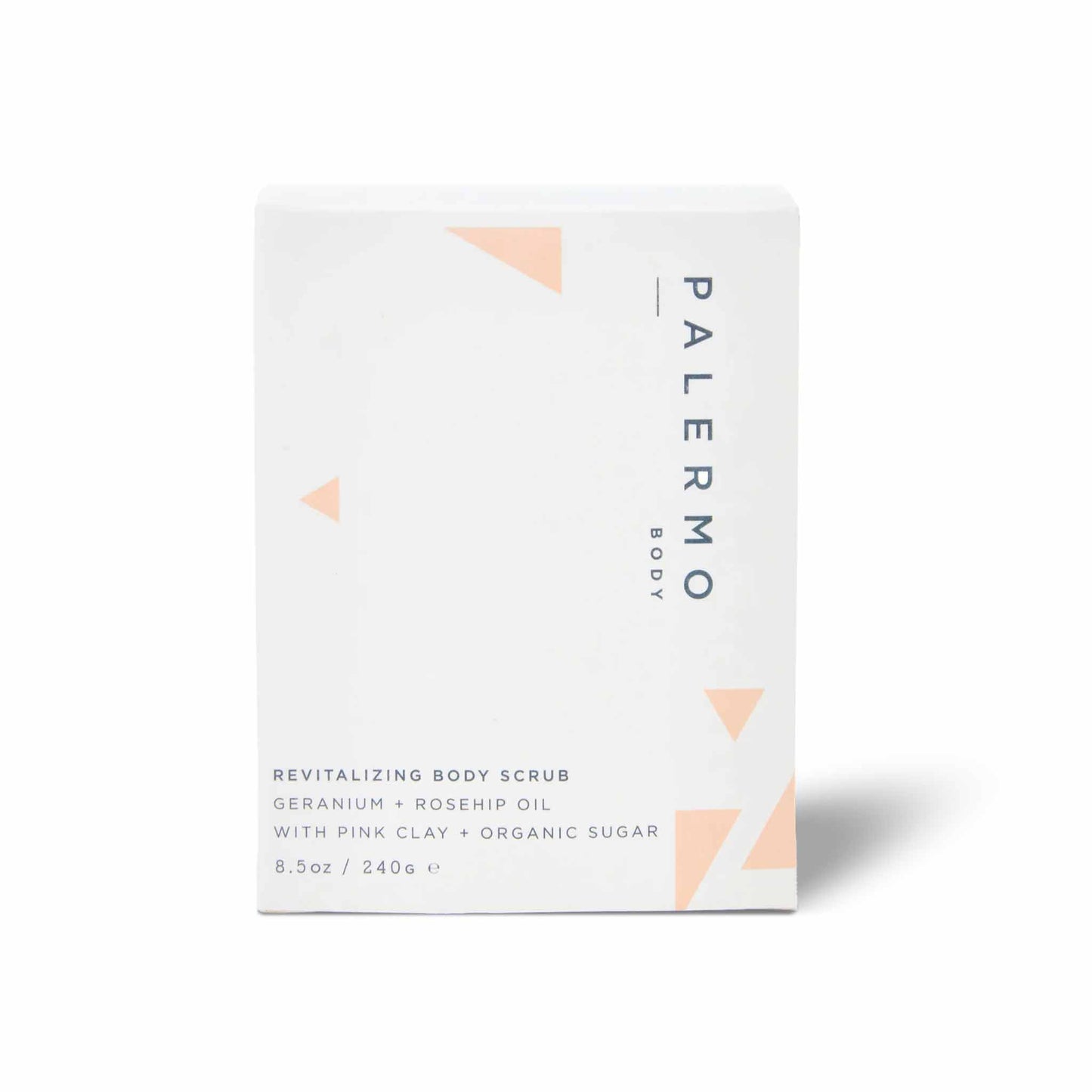 Palermo Body Revitalizing Body Scrub in packaging. An exfoliating scrub with geranium, rosehip oil, pink clay, and organic sugar for smooth, glowing skin.