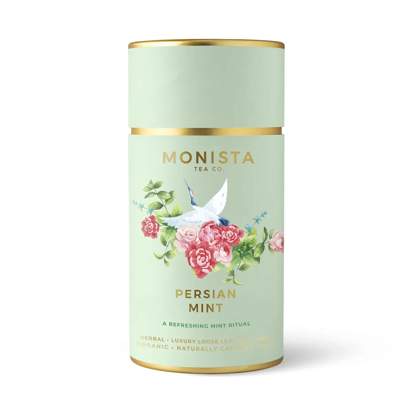 Monista Persian Mint Tea. Refreshing loose leaf organic mint tea with floral accents, beautifully packaged in a soft green and gold tin with a crane and rose design.