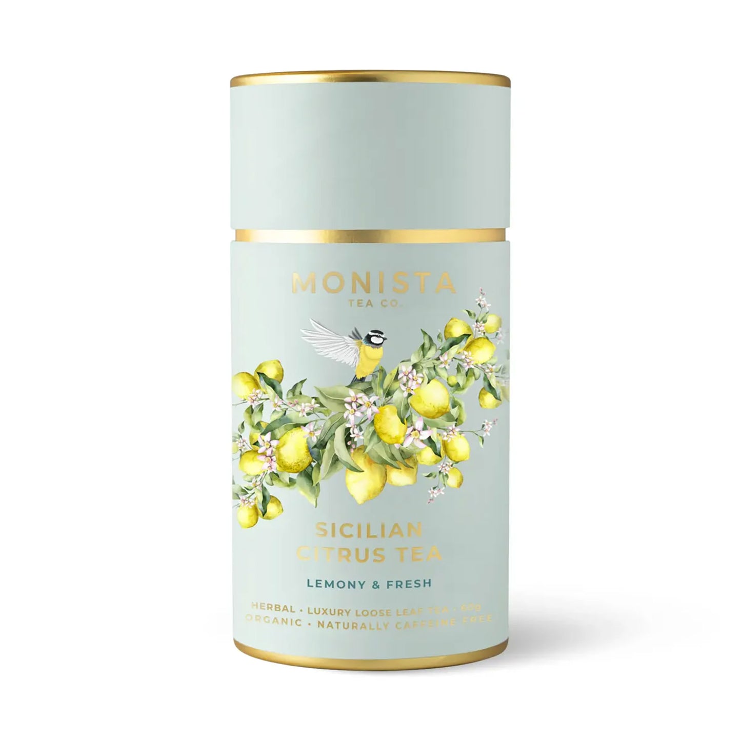 Monista Sicilian Citrus Tea. Organic herbal loose leaf tea with bright lemony notes, packaged in a pastel blue and gold canister with botanical artwork.