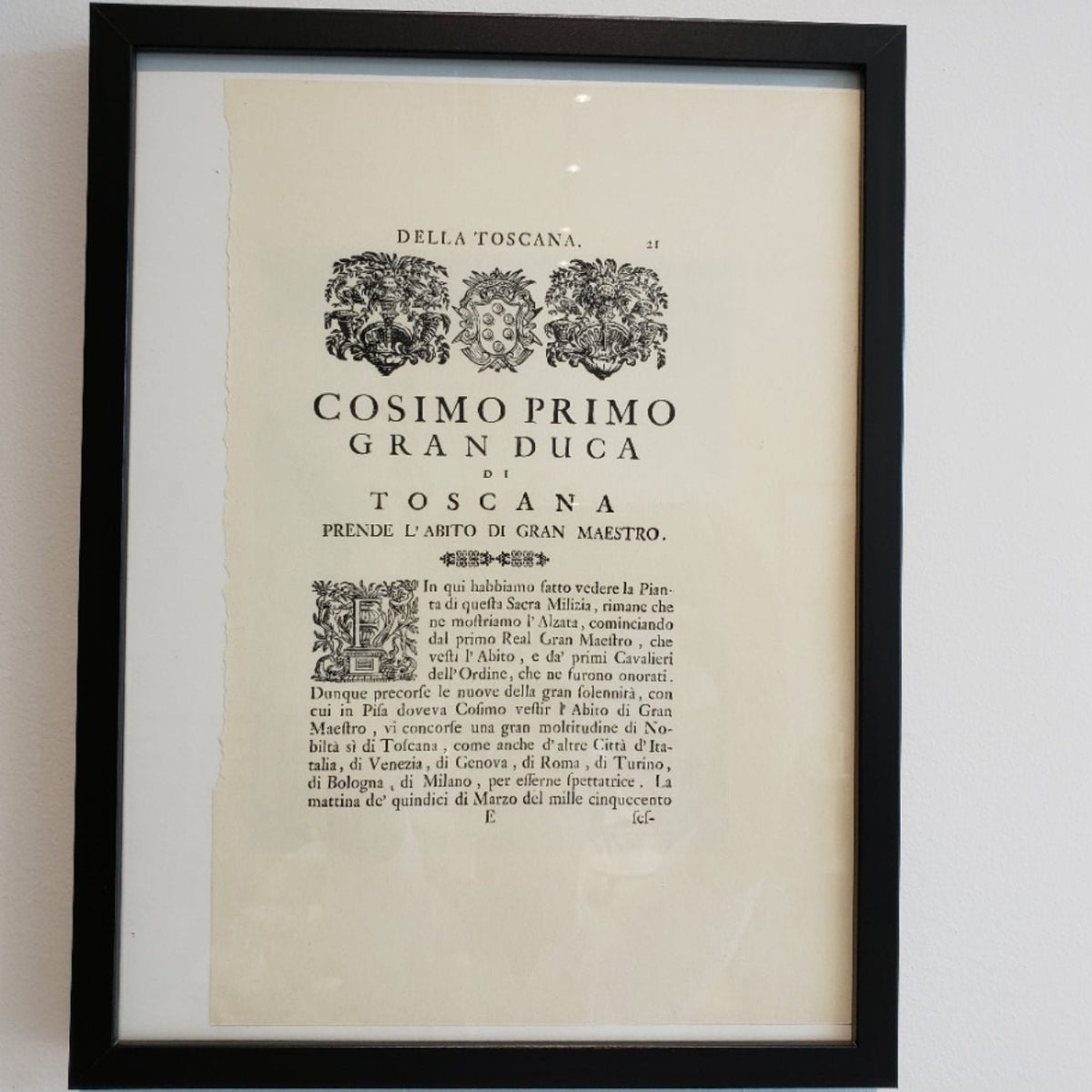 Vintage Art: Framed Italian Manuscript Page, Della Toscana, Cosimo Primo 21 by Bella Cucina – Vintage Art
