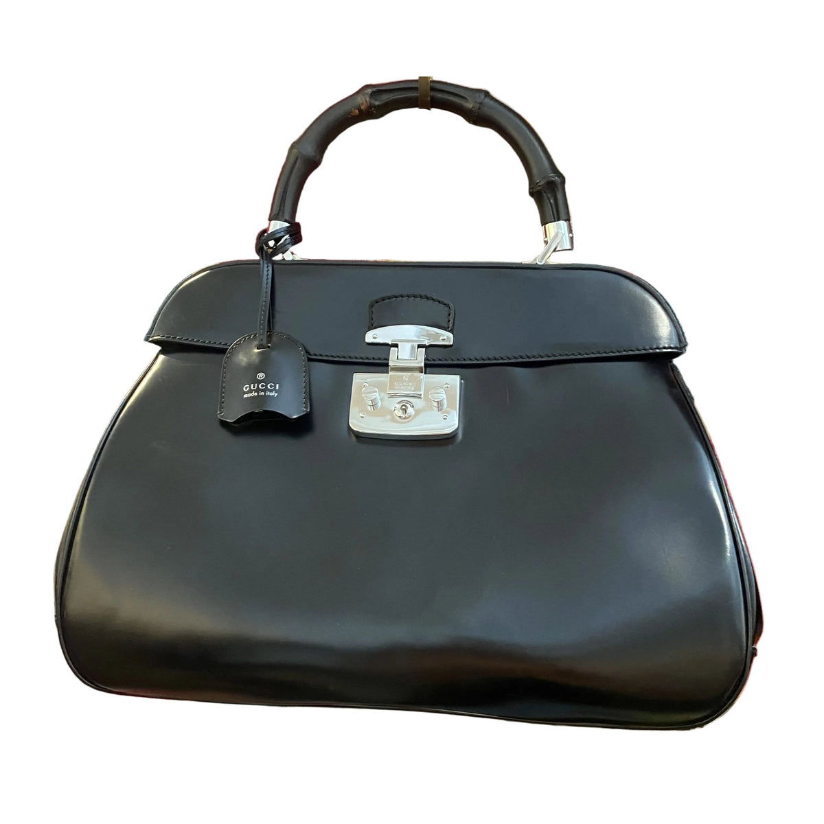 Vintage Clothing: Gucci Black Leather Bamboo Handle Tote Handbag with Silver Hardware by Bella Cucina – Vintage Clothing: Handbag