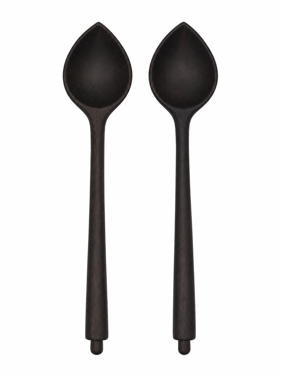 Two dark brown wooden serving spoons with long handles and rounded bowls, shown side by side on a plain white background.