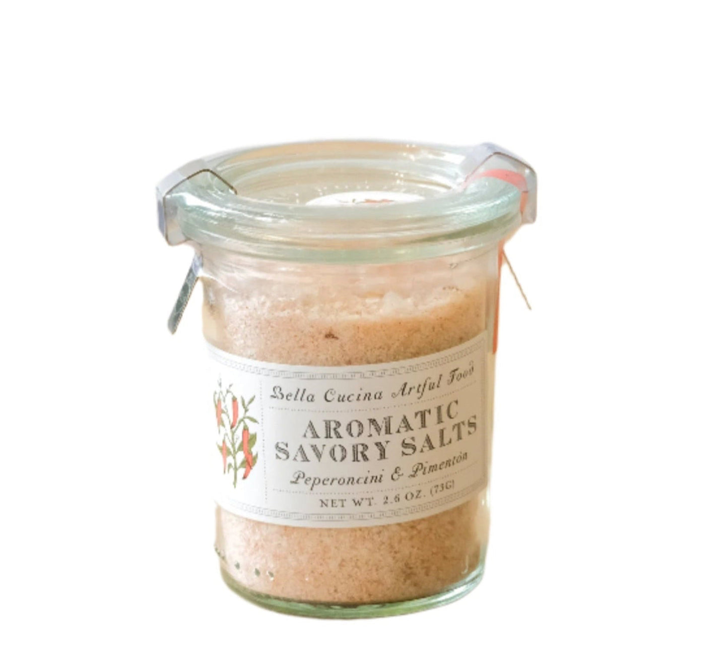 Jar of aromatic savory salts with a label on a white background