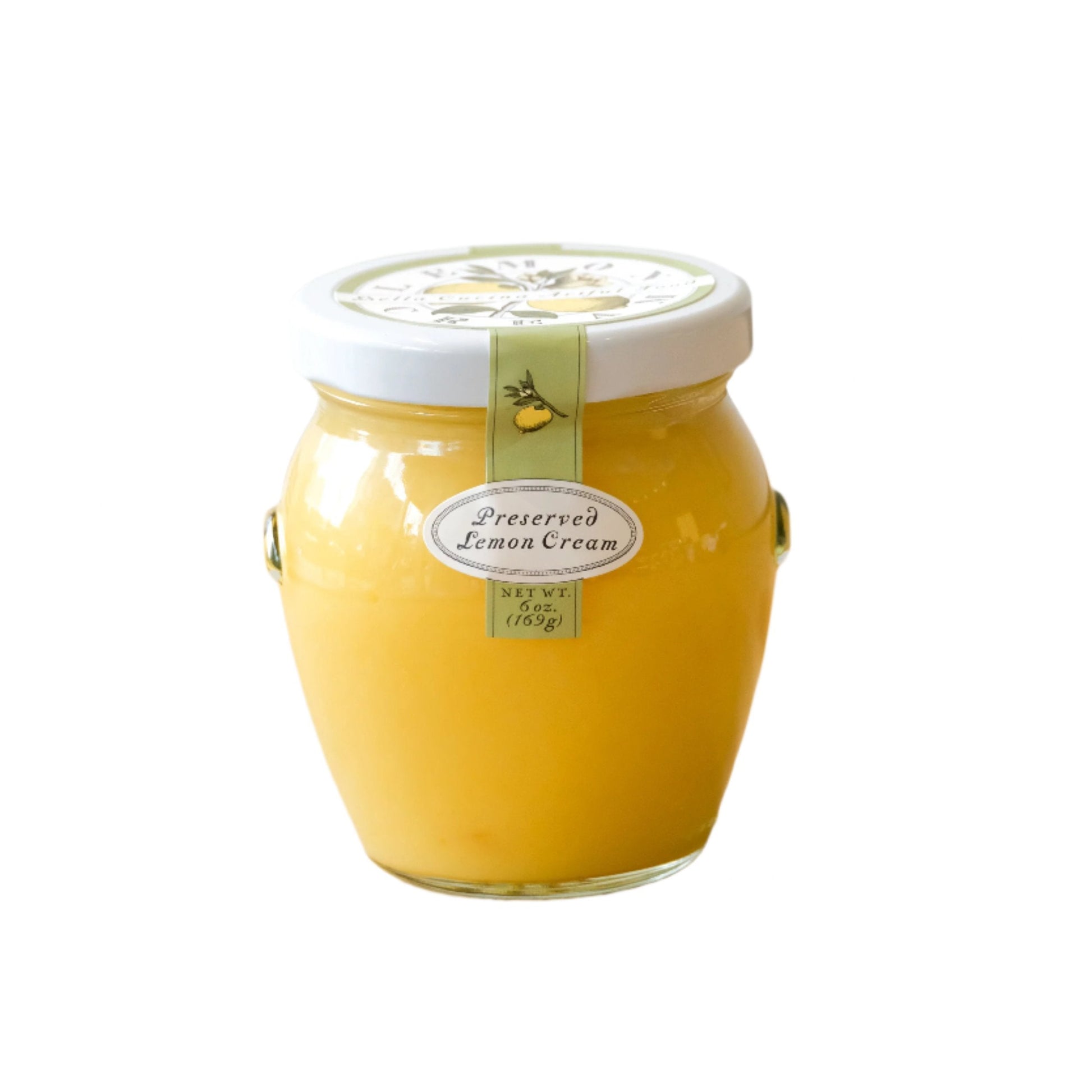 A jar of Bella Cucina Preserved Lemon Cream with a yellow-colored content visible through the glass and a white lid.