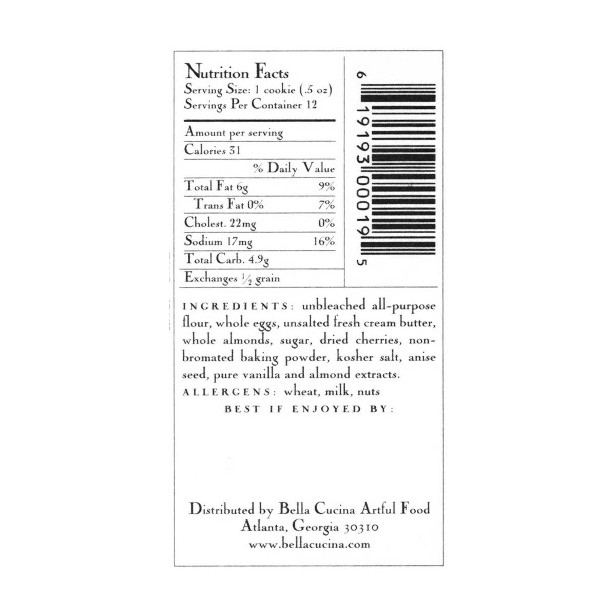 Bella Cucina - Bella Cucina Dried Cherry & Almond Biscotti -