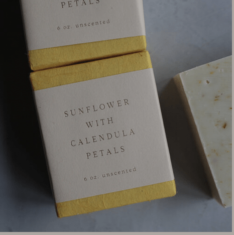 Saipua Sunflower Calendula Soap packaging with visible bar and soft natural lighting
