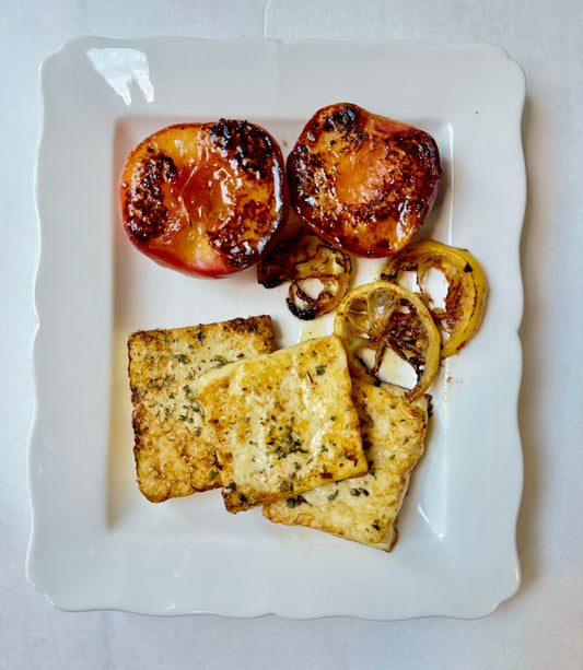 Honey Caramelized White Peaches with Halloumi & Lemon