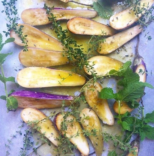 Baked Eggplant with Feta and Mint & Pistachio Vinaigrette