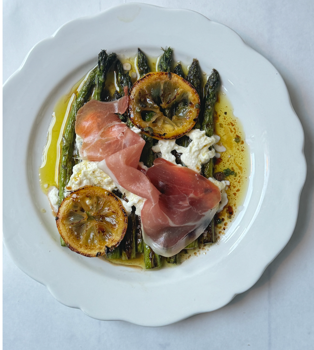 Lemony Grilled Asparagus with Straciatella and Prosciutto