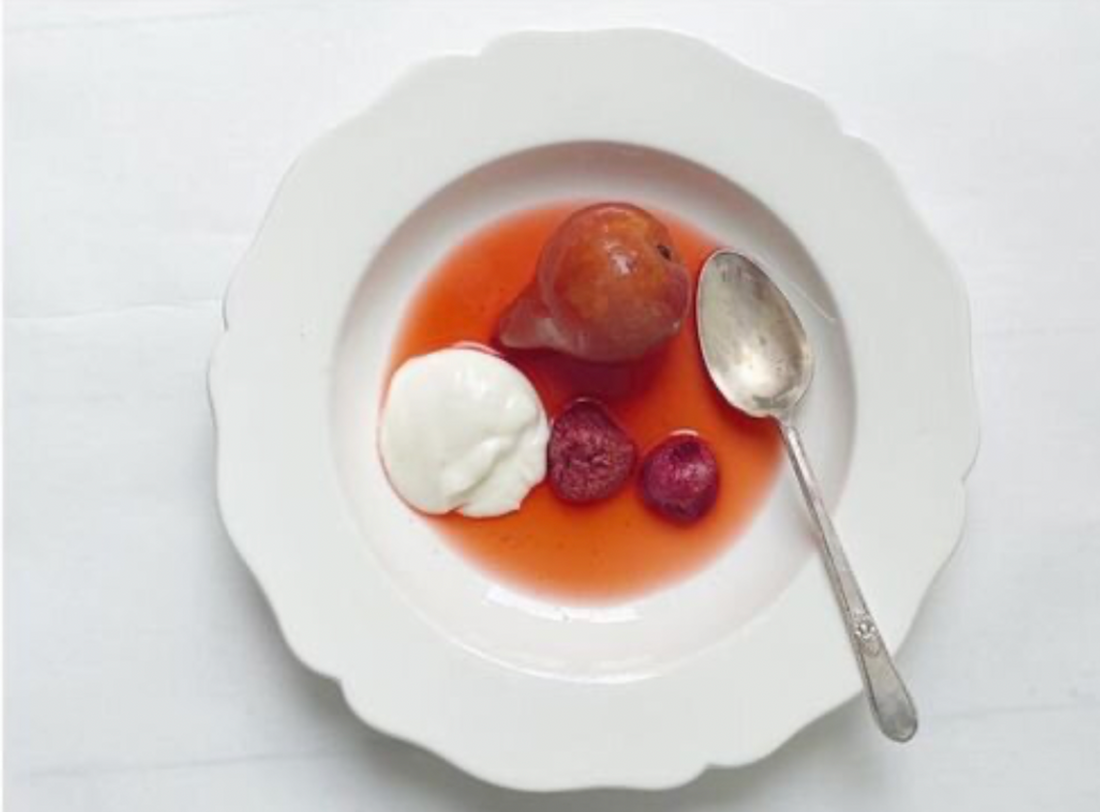 Poached Pears with Raspberries and Preserved Lemon Cream