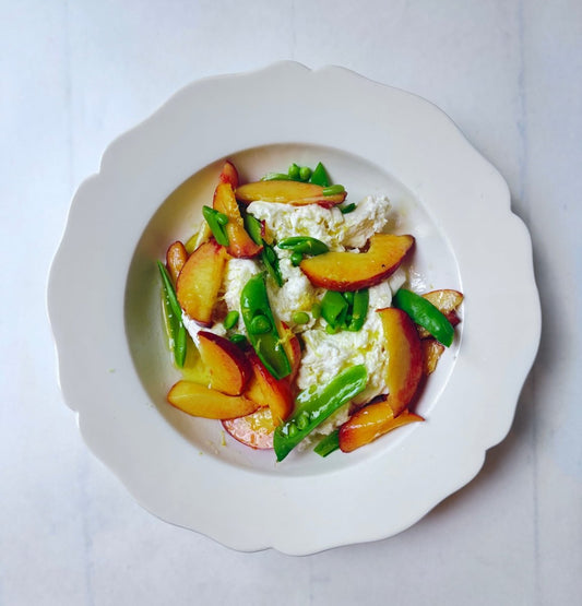 Burrata with Peaches and Sweet Peas - Bella Cucina