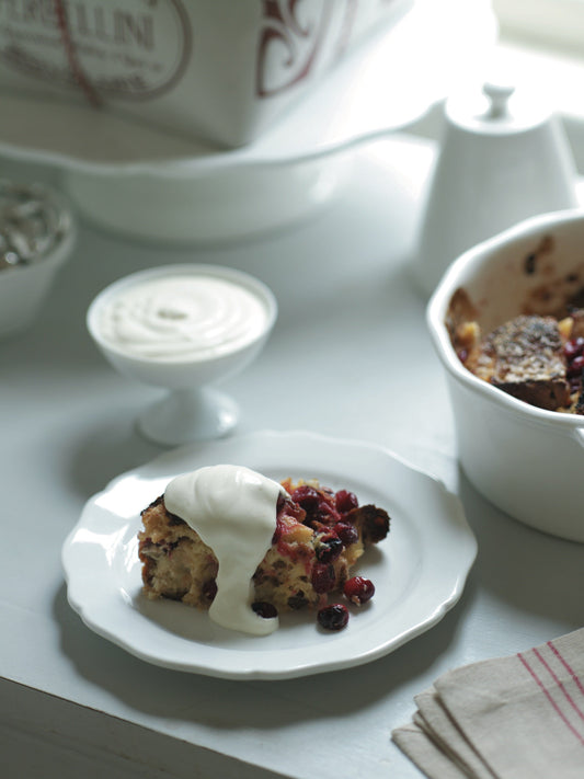 Cranberry Panettone Bread Pudding with Preserved Lemon Whipped Cream - Bella Cucina