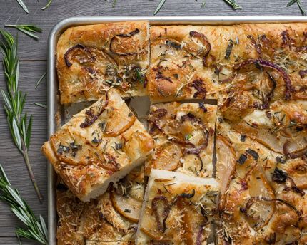 Focaccia Flatbread with Walnut Pesto, Pears, & Gorgonzola - Bella Cucina