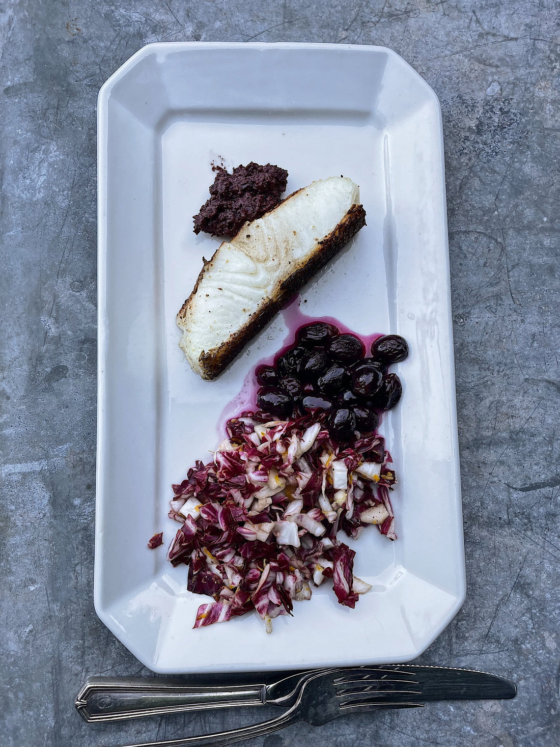 Halibut with Olivada Pesto & Radicchio Apple Orange Salad - Bella Cucina