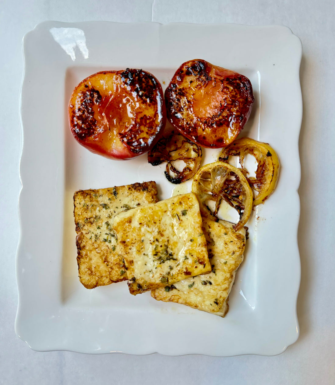 Honey Caramelized White Peaches with Halloumi & Lemon - Bella Cucina