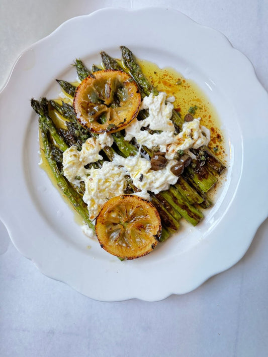 Lemony Grilled Asparagus with Straciatella and Prosciutto - Bella Cucina
