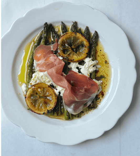 Lemony Grilled Asparagus with Straciatella and Prosciutto - Bella Cucina