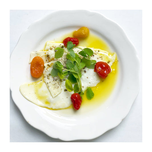 Olive Oil Eggs with Piccolo Tomatoes and Pea Shoots - Bella Cucina