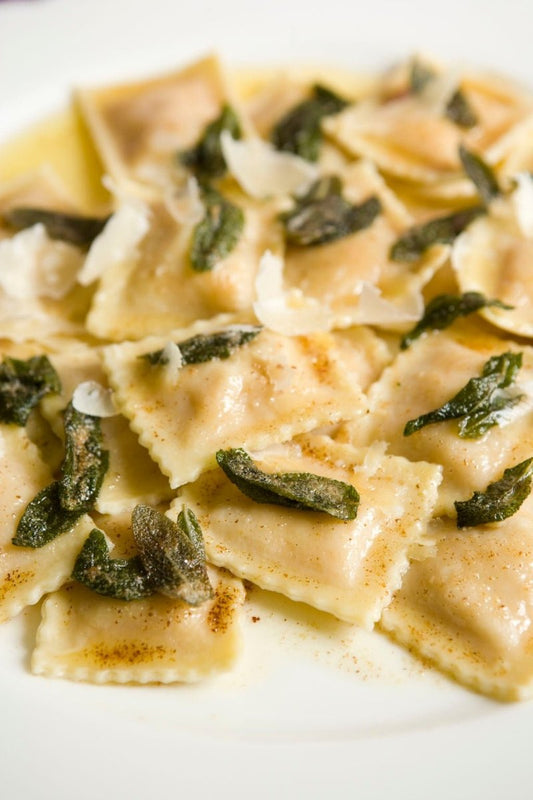 Pumpkin & Mascarpone Ravioli with Browned Butter and Fried Sage Leaves - Bella Cucina