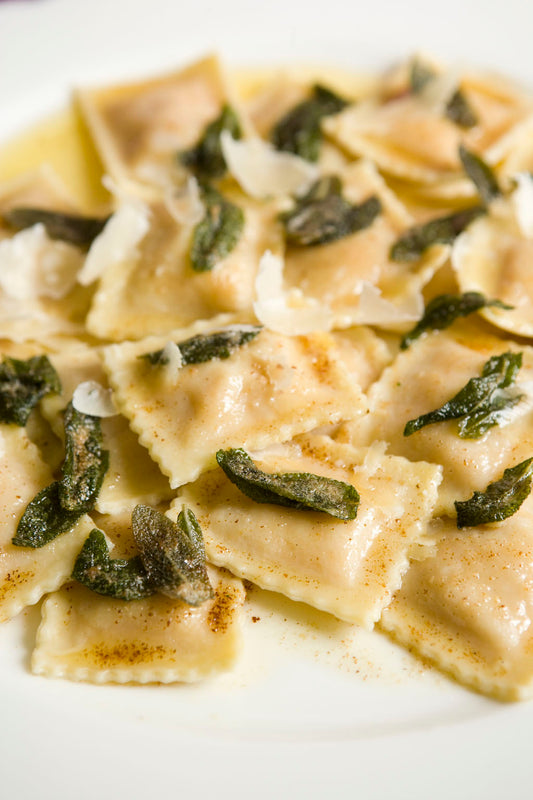 Pumpkin & Mascarpone Ravioli with Browned Butter and Fried Sage Leaves