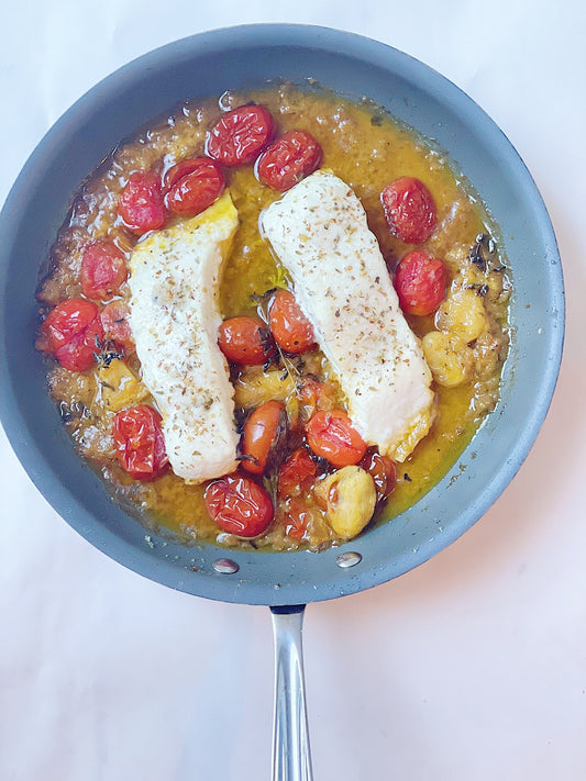 Roasted Halibut with Golden Pepper Pesto & Piccolo Pomodoro Tomatoes - Bella Cucina